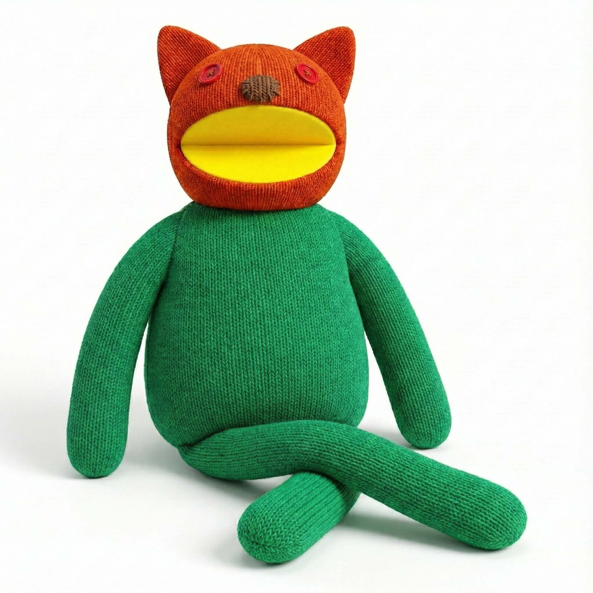 Papeet – Gatito Boca Solar (Peluche tejido estilo títere, Verde/Naranja)